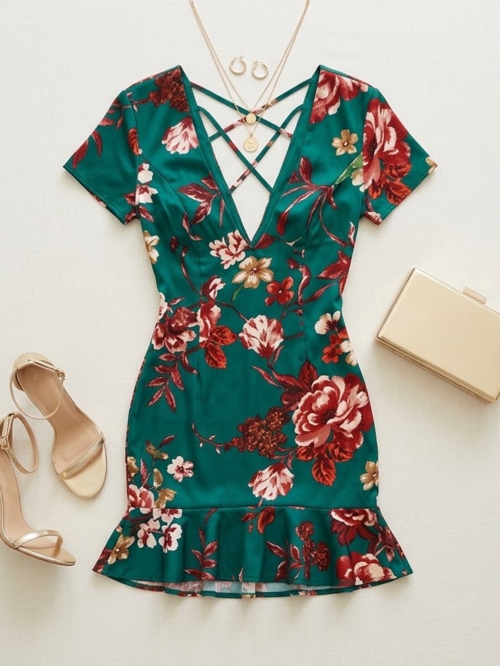 PrettyLittleThing Emerald Green Floral Criss Cross Back Frill Mini Dress 4